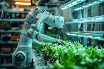 Robot working in the hydroponic vertical farm - obrazy, fototapety, plakaty