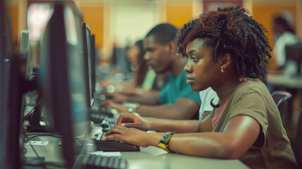African American male and female students engrossed in working at the computer. Personnel training concept.
