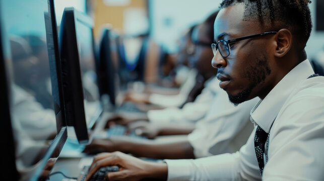 African American male and female students engrossed in working at the computer. Personnel training concept.
