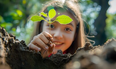 Mädchen hält einen Baumsämling und pflanzt Wald, Konzept Aufforstung, Umweltschutz - obrazy, fototapety, plakaty
