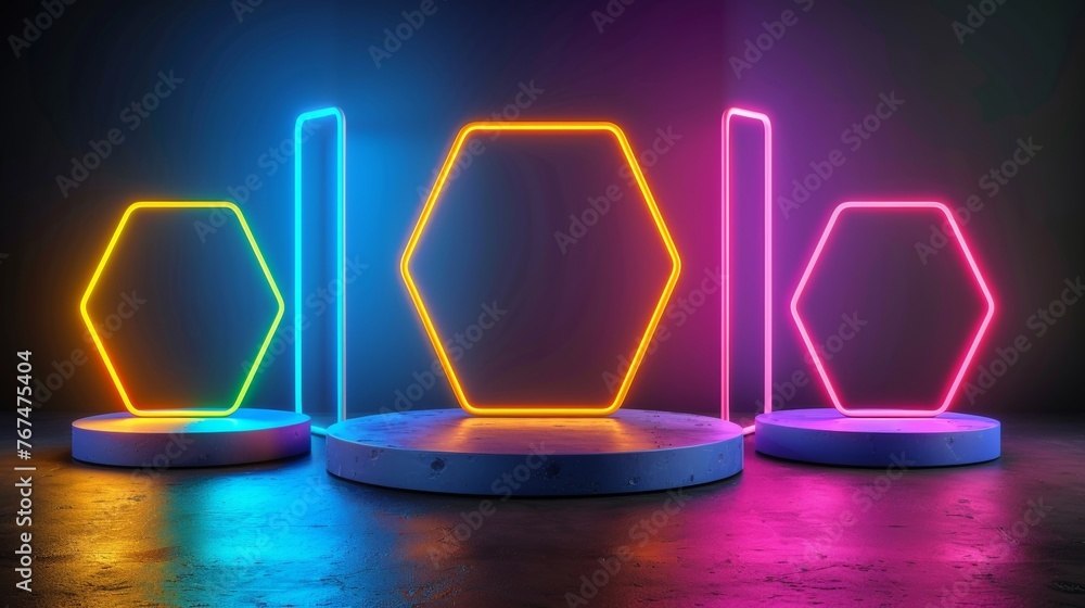 Poster dynamic neon hexagons pattern on dark backdrop, perfect for modern graphic design projects.