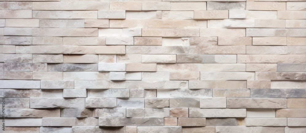 Poster a closeup of a brick wall with a geometric pattern featuring brown and beige rectangles. the buildin