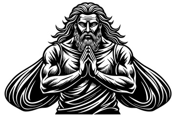 Zeus on his knees with his hands open in prayer silhouette vector art illustration