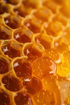 Nahaufnahme Honigwarben, goldener Honig flie&szlig;t &uuml;ber Honigwarben, Nektar aus Bl&uuml;tenstaub