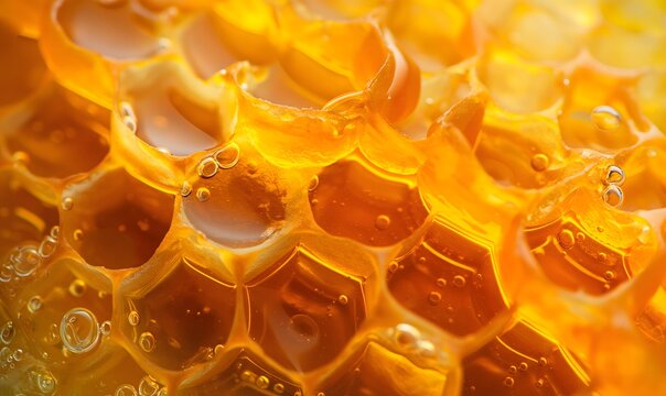 Nahaufnahme Honigwarben, goldener Honig flie&szlig;t &uuml;ber Honigwarben, Nektar aus Bl&uuml;tenstaub