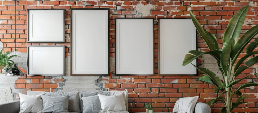 Photo frames are arranged on a brick wall as part of an interior mockup.
