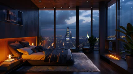Rolgordijnen Night scene, Modern style luxury black master bedroom with city view © Koihime
