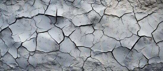 A detailed shot of a grey cracked concrete surface, showcasing a unique pattern resembling a landscape of soil, bedrock, and twigs. The result of an event like drought