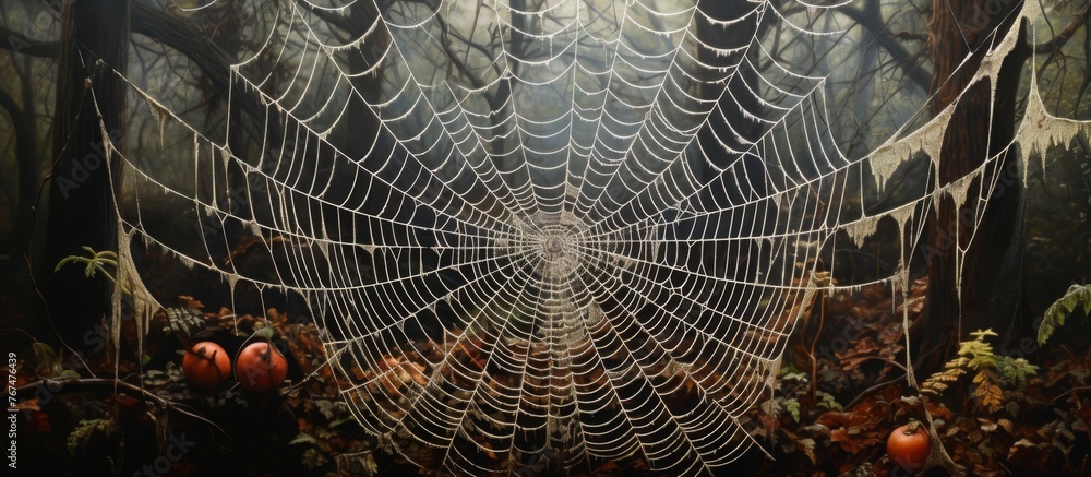 Poster a delicate spider web made of natural material hangs from a terrestrial plant in a dark forest, crea