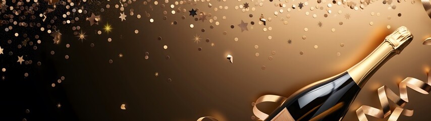 Goldener Banner mit goldener Champagnerflasche, Konfetti und Partyschlangen. Weihnachts-, Geburtstags- oder Hochzeitskonzept, Textfreiraum - obrazy, fototapety, plakaty