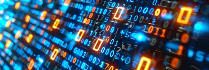 Abstract binary code and encryption concept with glowing pixelated data stream on digital interface