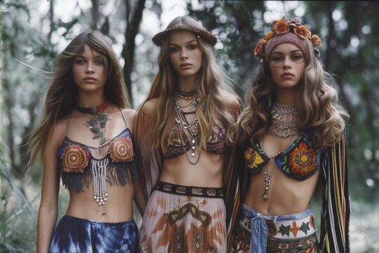Hippie lifestyle in the 60s 70s, embracing individuality colorful clothing, carefree living, joyful pursuits, wanderlust, rural homesteads, vibrant tapestry of self-expression and communal harmony.