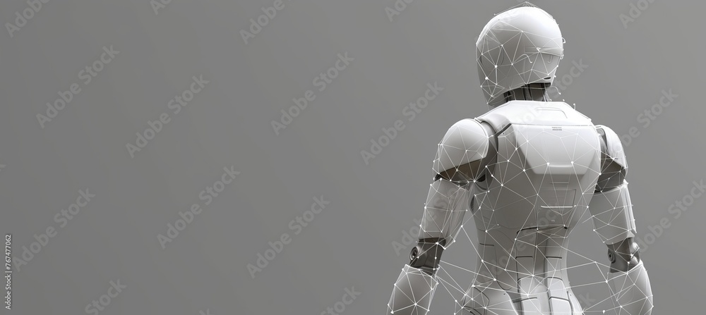 Poster futuristic white robot in 3d with floating digital network connections and text space