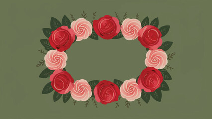 Flower frame corners are made using only red roses and leaves in a flat vector design.
