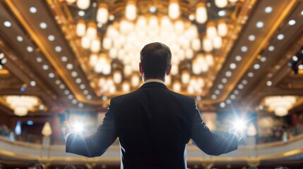 Inspiring male speaker at business event stage captivating engaged audience with motivational talk