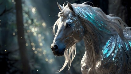 Obraz na płótnie Canvas A luminously ethereal centaur, its form crafted from shimmering silver and opalescent crystals, gazes intently into the distance with eyes that seem to hold ancient wisdom. The digital painting captur