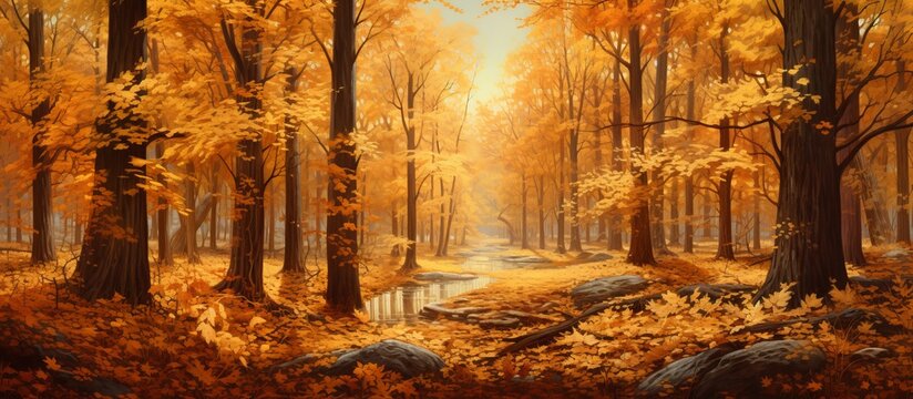 The autumn sun filters through the trees in the deciduous forest, painting a stunning natural landscape with light and shadows on the woodland floor