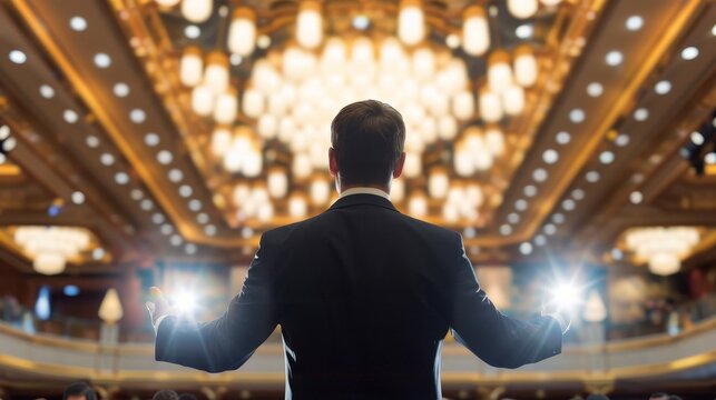 Inspiring male speaker at business event stage captivating engaged audience with motivational talk