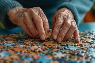 Elderly hands strategically placing a jigsaw puzzle piece on a colorful board