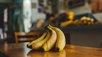 Banana em uma mesa com o fundo desfocado - obrazy, fototapety, plakaty