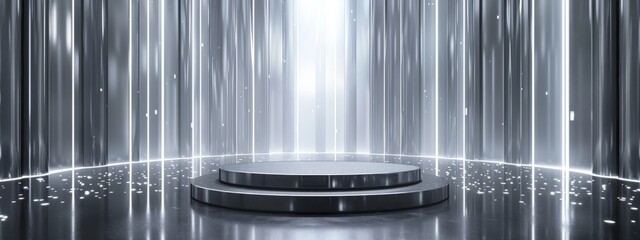 Podium background 3D light tech stage future platform game abstract. Podium 3D background technology room product circle glow effect portal stand studio scene white design ring modern display space. - obrazy, fototapety, plakaty