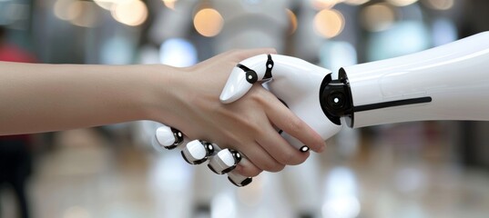 Human robot handshake symbolizing technology and humanity convergence on blurred background