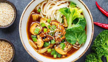 Szechuan chicken noodle soup with bok choy, mushrooms, and scallions, garnished with sesame seeds and cilantro, traditional Chinese cuisine. - obrazy, fototapety, plakaty