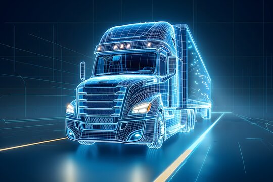 Futuristischer LKW, blaue neonlichter, Lichtkanten, Kontept Logistik