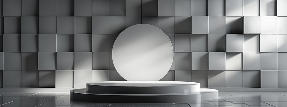 Podium background 3D light tech stage future platform game abstract. Podium 3D background technology room product circle glow effect portal stand studio scene white design ring modern display space.