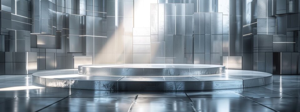 Podium background 3D light tech stage future platform game abstract. Podium 3D background technology room product circle glow effect portal stand studio scene white design ring modern display space.