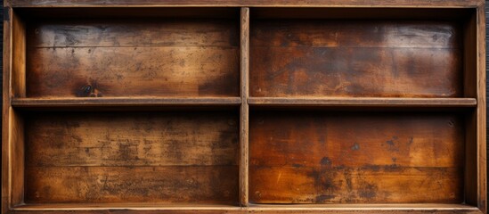 A closeup of a brown hardwood shelf with four rectangular shelves, featuring amber wood stain,...