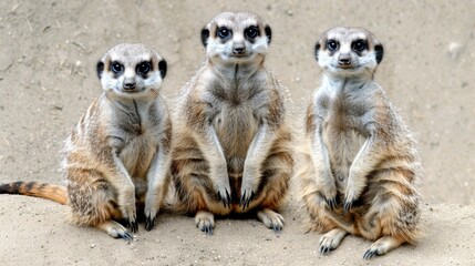  a group of three meerkats sitting next to each other on top of a sandy ground in front of a wall.