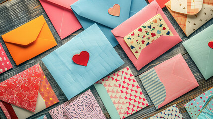 Assortment of Valentine's Day Cards and Envelopes Spread Out on Table