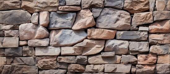 Obraz premium A closeup of a stone wall featuring various building materials like bricks, cobblestones, and rocks arranged in a rectangular pattern
