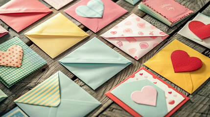 Assortment of Valentine's Day Cards and Envelopes Spread Out on Table