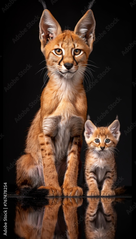 Poster male oncilla and kitten portrait with empty space for text, object on the right side