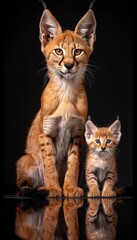 Male oncilla and kitten portrait with empty space for text, object on the right side