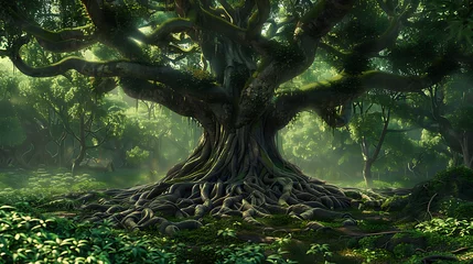 Fotobehang a majestic tree with extensive roots and lush green foliage. © DigitaArt.Creative