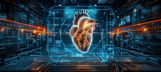 Schilderijen op glas Cybernetic world  digital masterpiece capturing vibrant human heart essence with pulsing technology. © Ilja