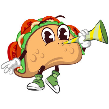 recommend clip art: cute taco mascot character emoticon blowing party trumpet, cute taco mascot