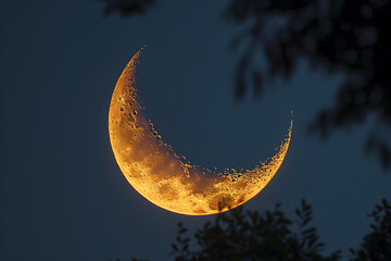 A photo of the crescent moon associated with Ramadan, symbolizing the beginning of the Islamic holy month of fasting and spirituality. - obrazy, fototapety, plakaty