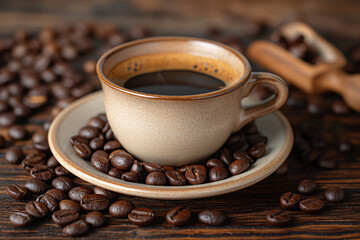 一杯のコーヒーとコーヒー豆