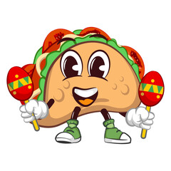 cute taco mascot character emoticon playing maracas, cute taco mascot