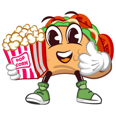 cute taco mascot character emoticon carrying popcorn while giving a thumbs up, cute taco mascot