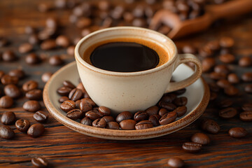 Fototapeta premium 一杯のコーヒーとコーヒー豆