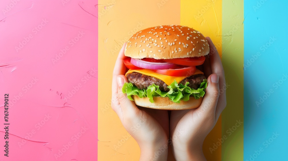 Aufkleber hands holding burger on soft colored backdrop with ample space for text placement