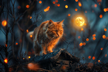 a cat walks outside in a magical landscape during the moonshineGenerated image