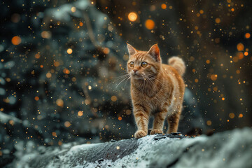 a cat walks outside in a magical landscape during the moonshine