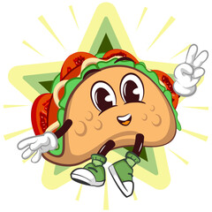 cute taco mascot character emoticon jumping with raised finger peace sign in front of shining star, cute taco mascot