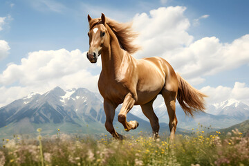 Obraz premium thoroughbred muscular horse gallops against the backdrop of the mountains. mammal. biology and fauna